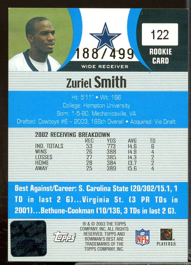 Zuriel Smith AU Rookie Card 2003 Bowman's Best Blue Rookie #122  Image 2