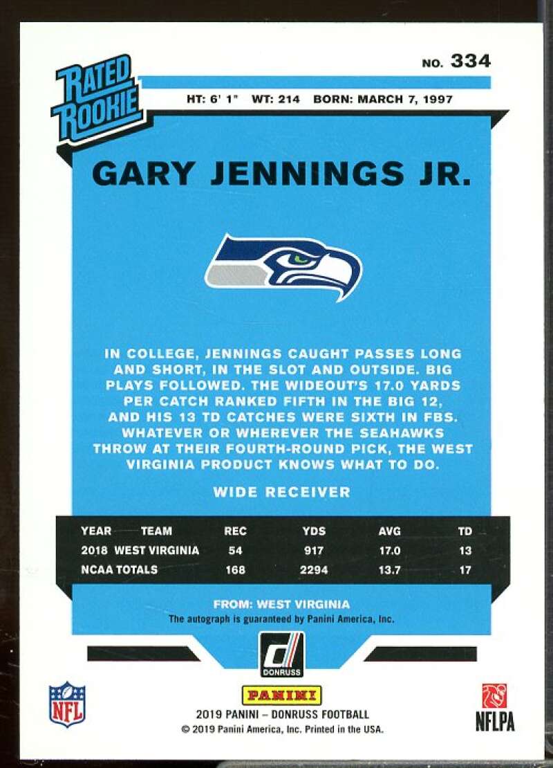 Gary Jennings Jr. Rookie Card 2019 Donruss Rated Rookies Autographs Bronze #334  Image 2