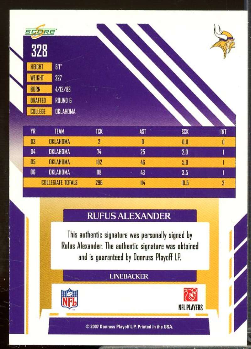 Rufus Alexander Rookie Card 2007 Score Rookie Inscriptions #328  Image 2
