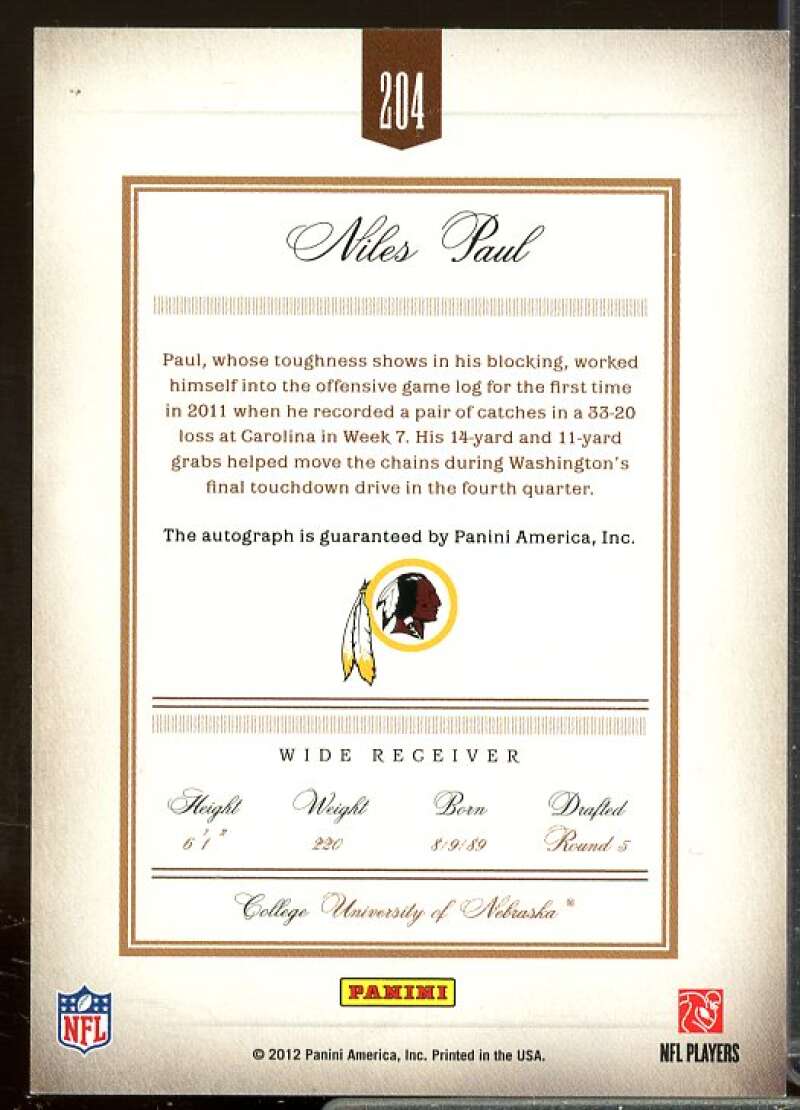 Niles Paul/49 Rookie Card 2011 Prime Signatures Rookie Autographs Gold #204  Image 2