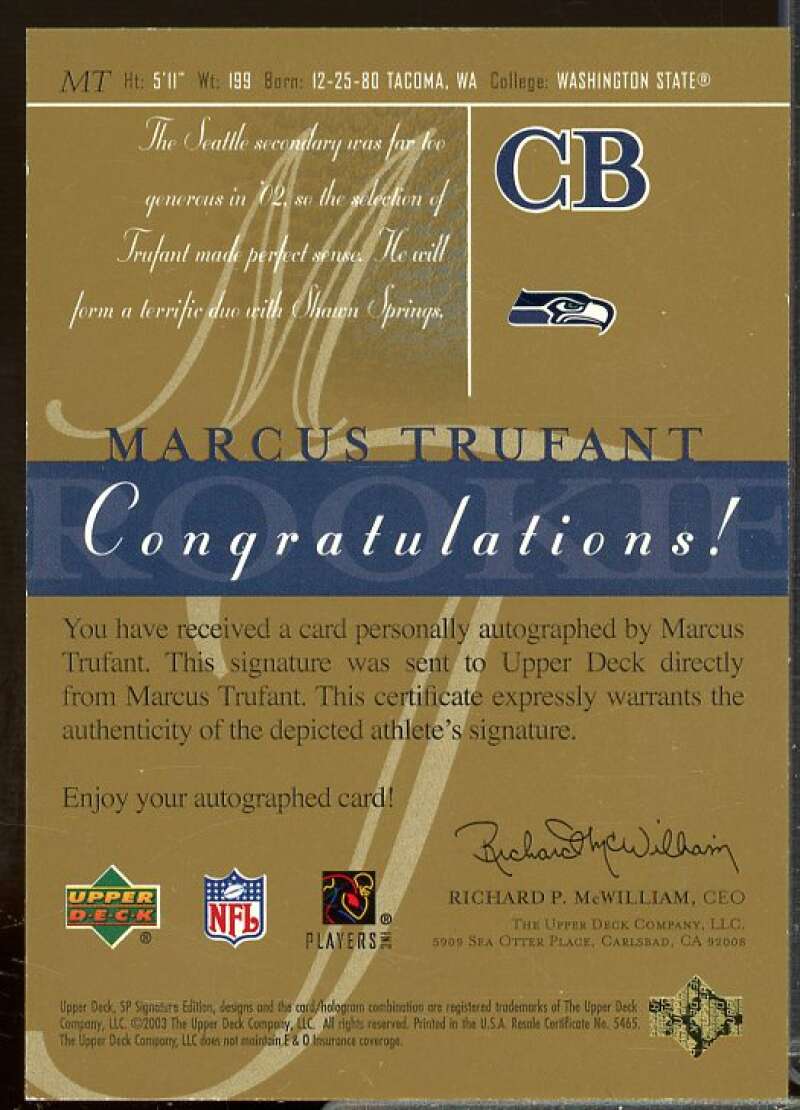 Marcus Trufant Rookie Card 2003 SP Signature Rookie Autographs Black Ink #MT  Image 2