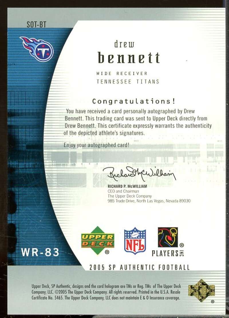 Drew Bennett Rookie Card 2005 SP Authentic Sign of the Times #SOTBT  Image 2