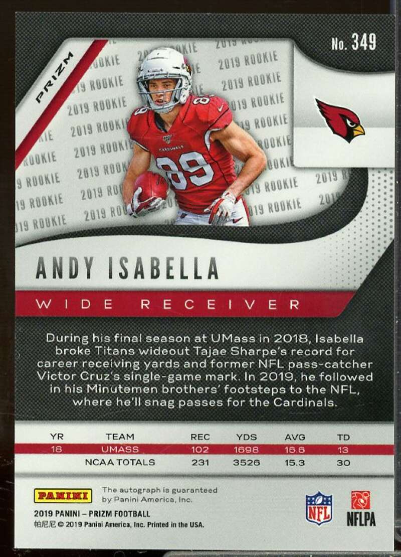 Andy Isabella Rookie Card 2019 Panini Prizm Rookie Autographs #349  Image 2