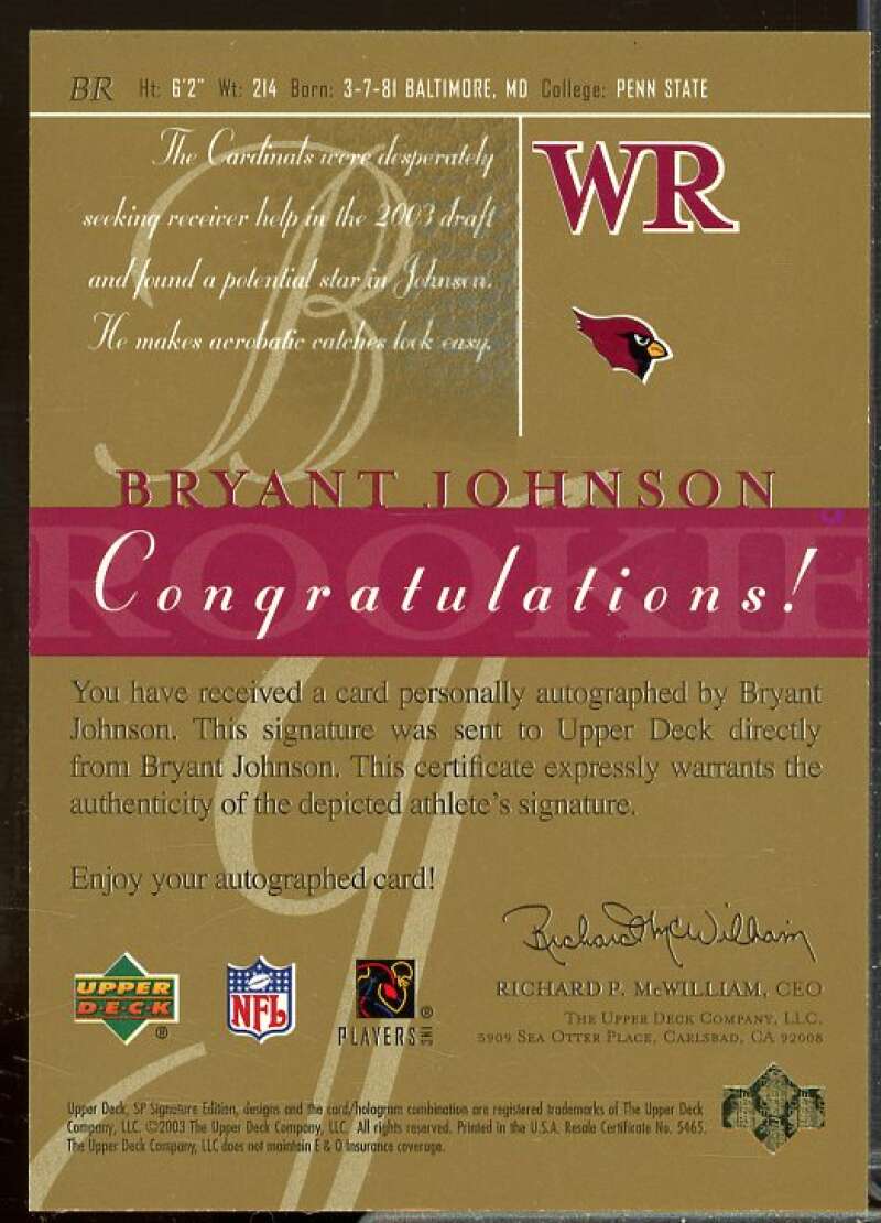 Bryant Johnson Rookie Card 2003 SP Signature Rookie Autographs Black Ink #BR  Image 2