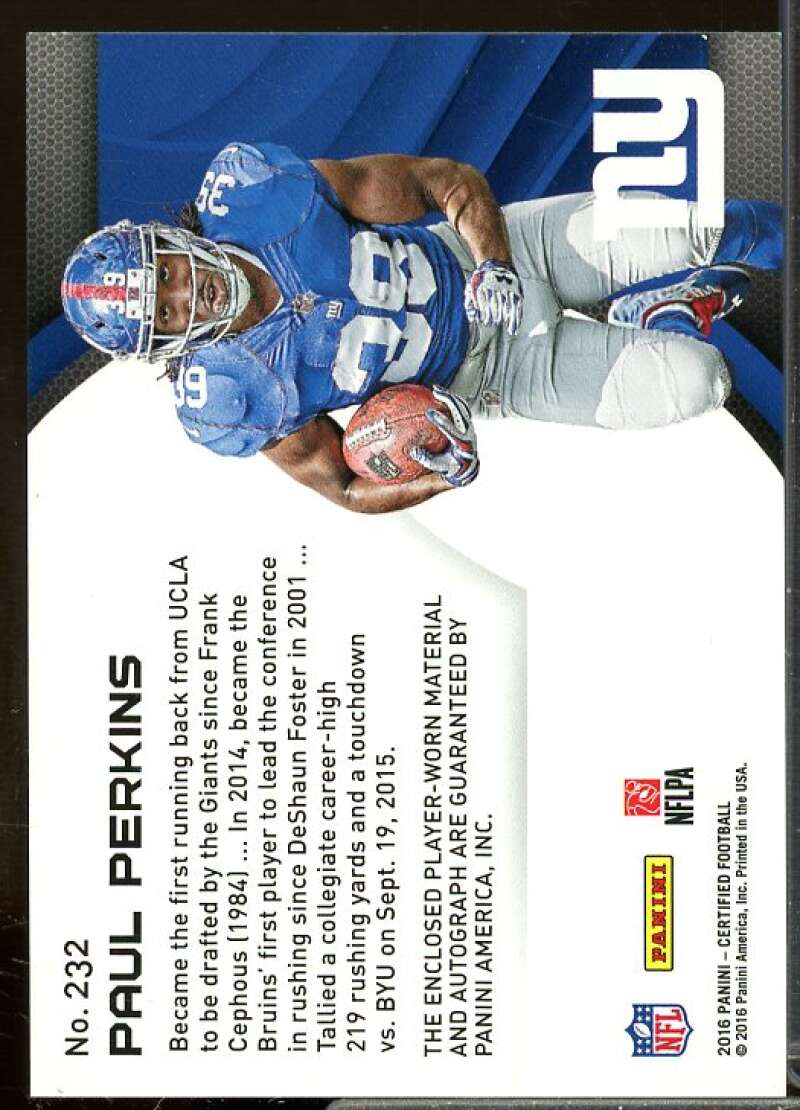 Paul Perkins/199 JSY AU Rookie Card 2016 Certified Mirror Rookie Orange #232  Image 2