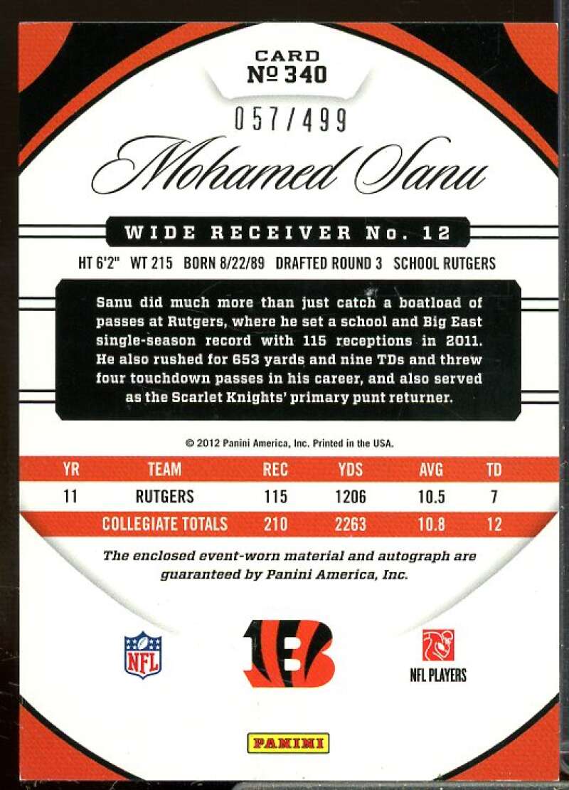 Mohamed Sanu JSY AU/499 Rookie Card 2012 Certified Rookie #340  Image 2