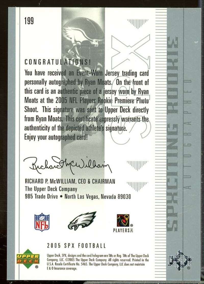 Ryan Moats JSY AU Rookie Card 2005 SPx Rookie #199B  Image 2