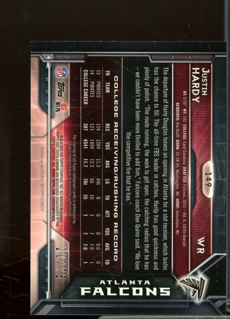 Justin Hardy Card 2015 Topps Chrome Mini Rookie Autographs Camo Refractors #149  Image 2