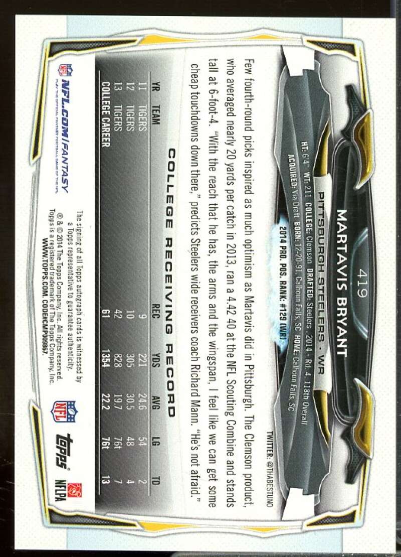 Martavis Bryant Rookie Card 2014 Topps Rookie Autographs #419A  Image 2