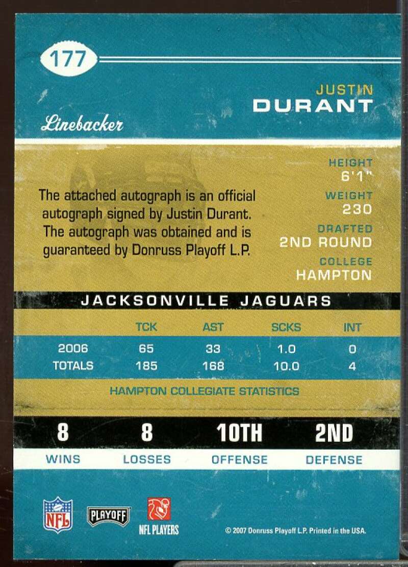 Justin Durant AU Rookie Card 2007 Playoff Contenders Rookie #177  Image 2