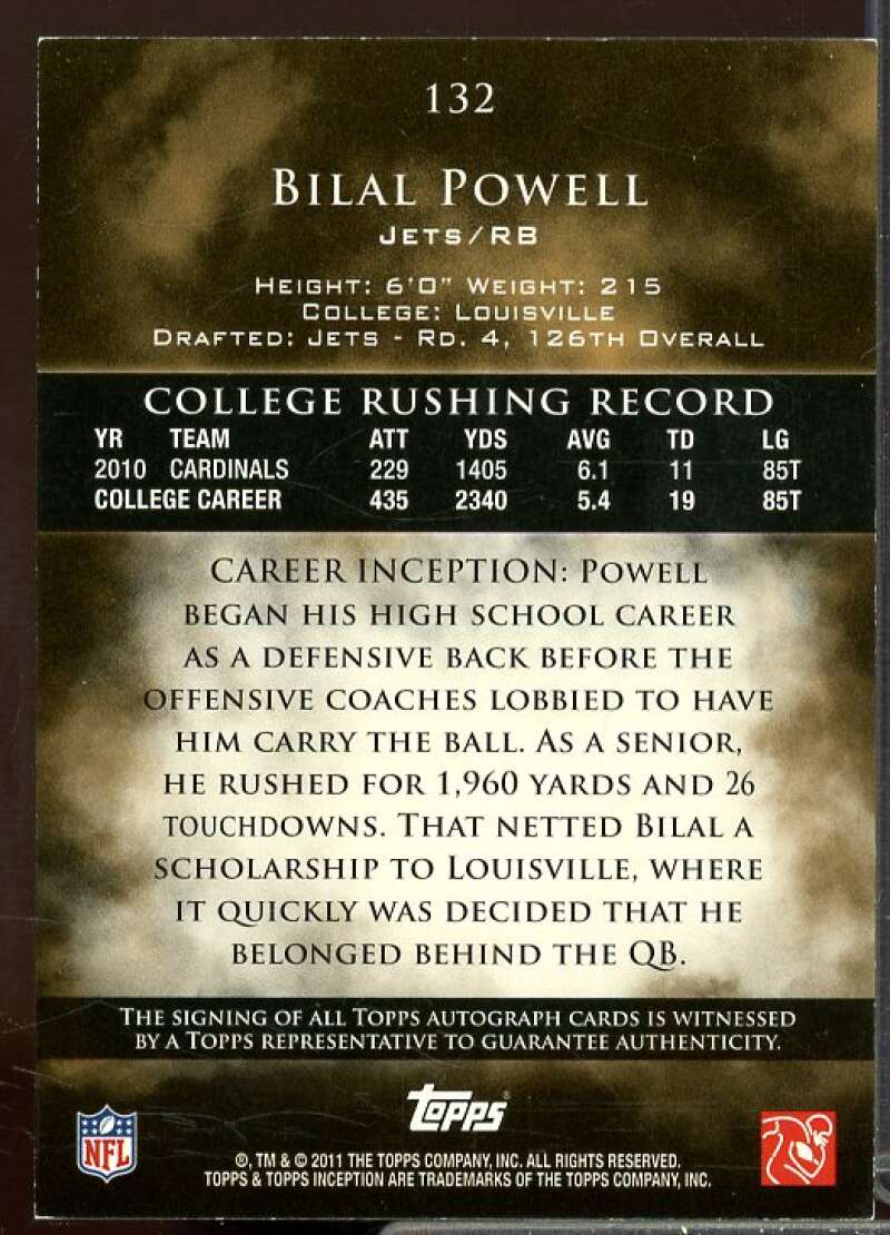 Bilal Powell AU/900 Rookie Card 2011 Topps Inception Rookie #132  Image 2