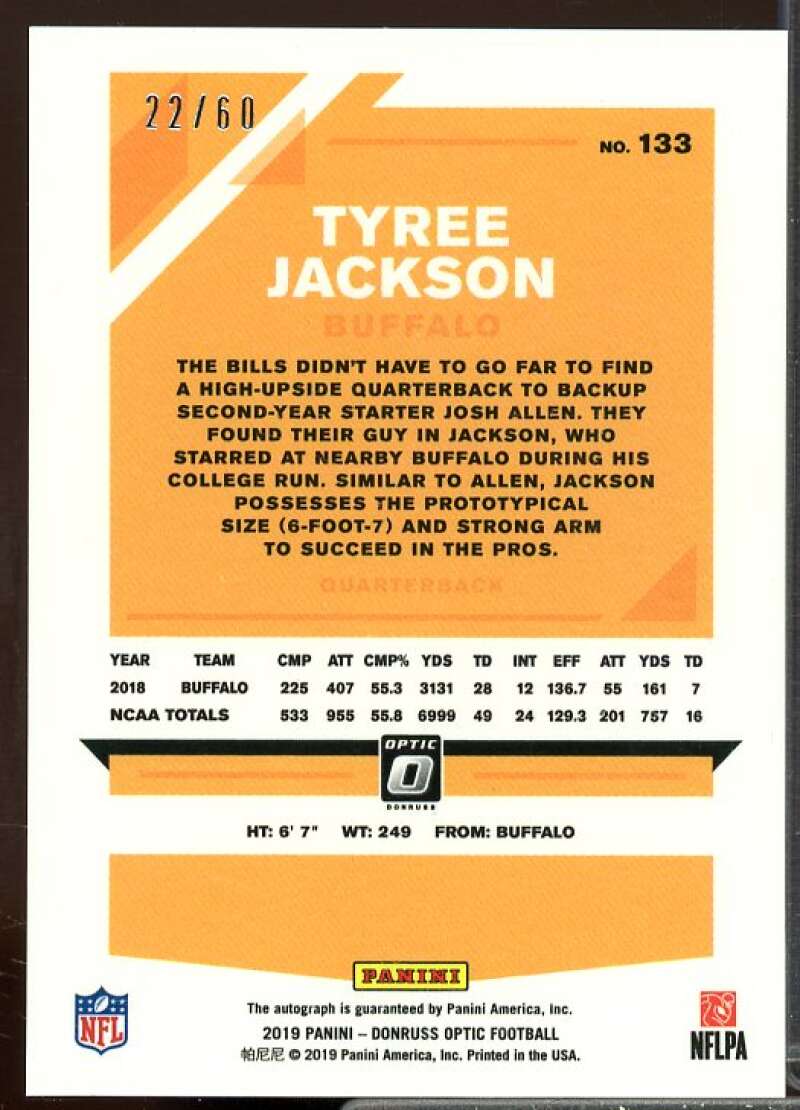 Tyree Jackson Rookie Card 2019 Donruss Optic Rookies Autographs #133  Image 2