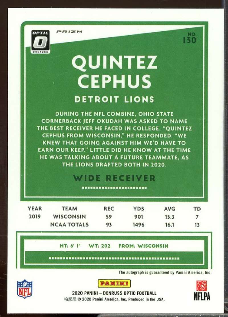 Quintez Cephus Rookie Card 2020 Donruss Optic Rookies Autographs Bronze #130  Image 2