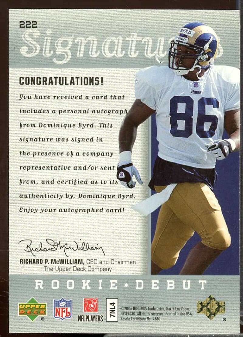 Dominique Byrd AU Rookie Card 2006 Upper Deck Rookie Debut #222  Image 2