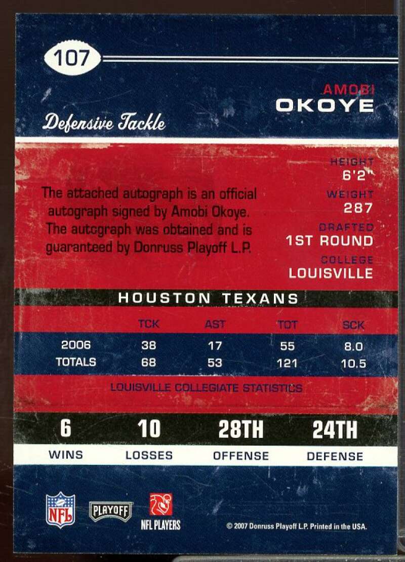 Amobi Okoye AU Rookie Card 2007 Playoff Contenders Rookie #107  Image 2