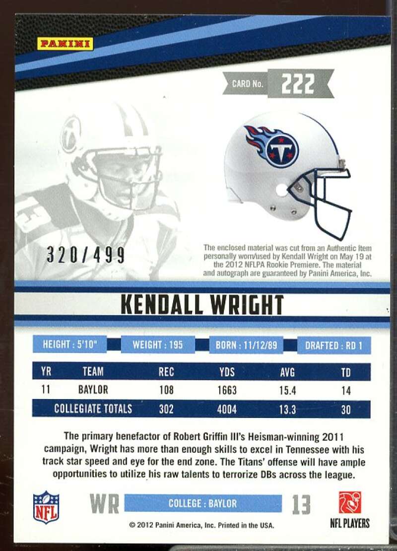 Kendall Wright JSY AU Rookie Card 2012 Rookies and Stars Rookie #222  Image 2