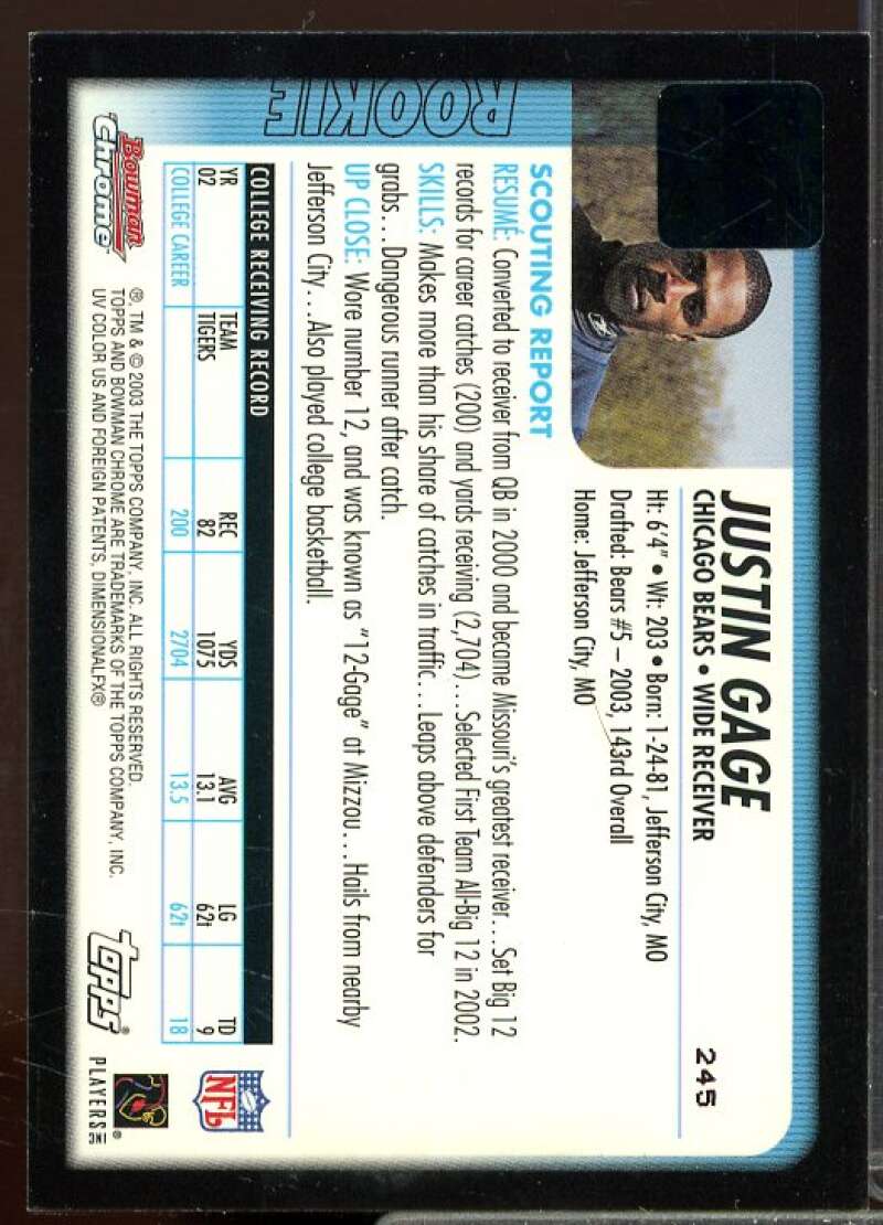 Justin Gage AU D Rookie Card 2003 Bowman Chrome Rookie #245  Image 2