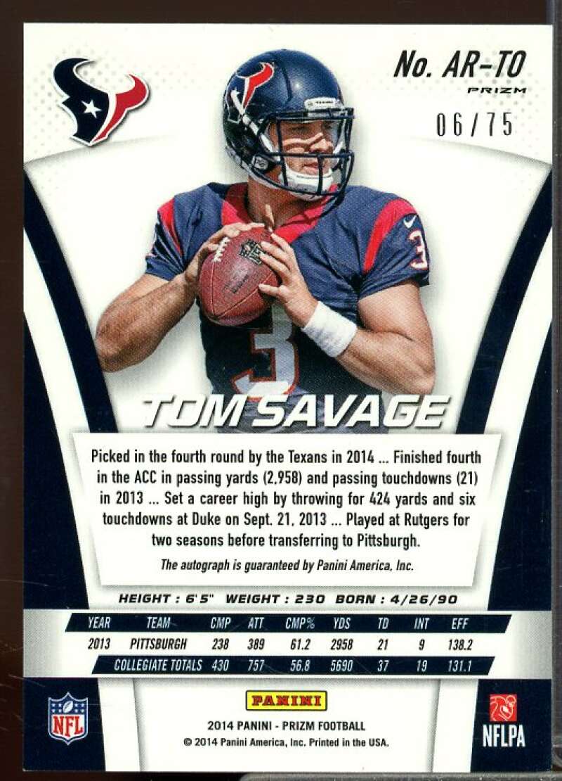 Tom Savage/75 2014 Panini Prizm Rookie Autographs Prizms Light Blue Wave #ARTS2  Image 2