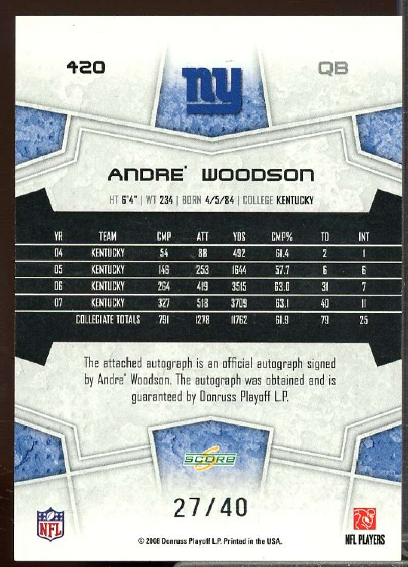 Andre Woodson/40 Rookie Card 2008 Select Autographs Gold Zone #420  Image 2