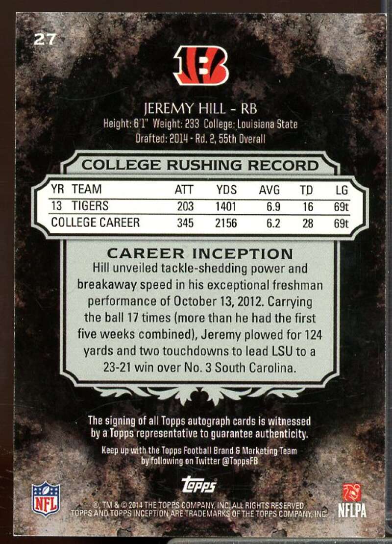 Jeremy Hill AU Rookie Card 2014 Topps Inception Rookie #27R  Image 2