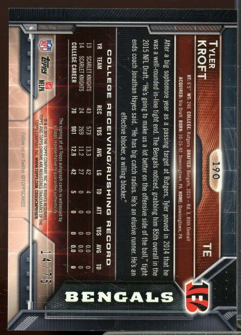 Tyler Kroft Rookie 2015 Topps Chrome Rookie Autographs Pink Refractors #190  Image 2