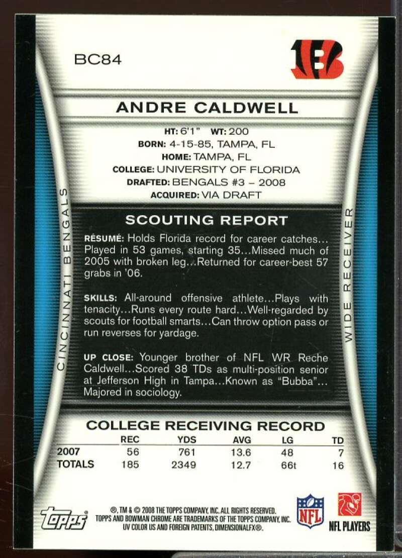 Andre Caldwell G Rookie Card 2008 Bowman Chrome Rookie Autographs #BC84  Image 2