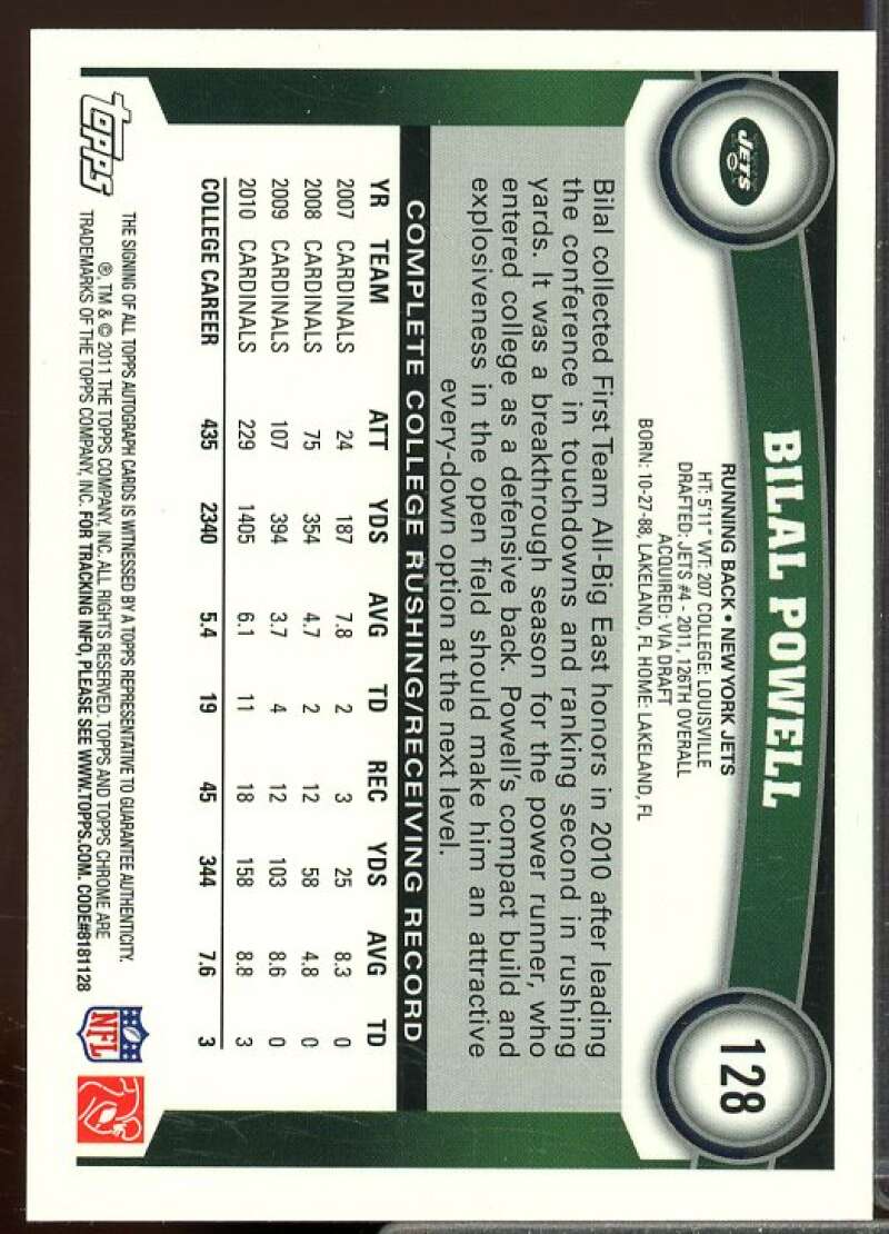 Bilal Powell C Rookie Card 2011 Topps Chrome Rookie Autographs #128  Image 2