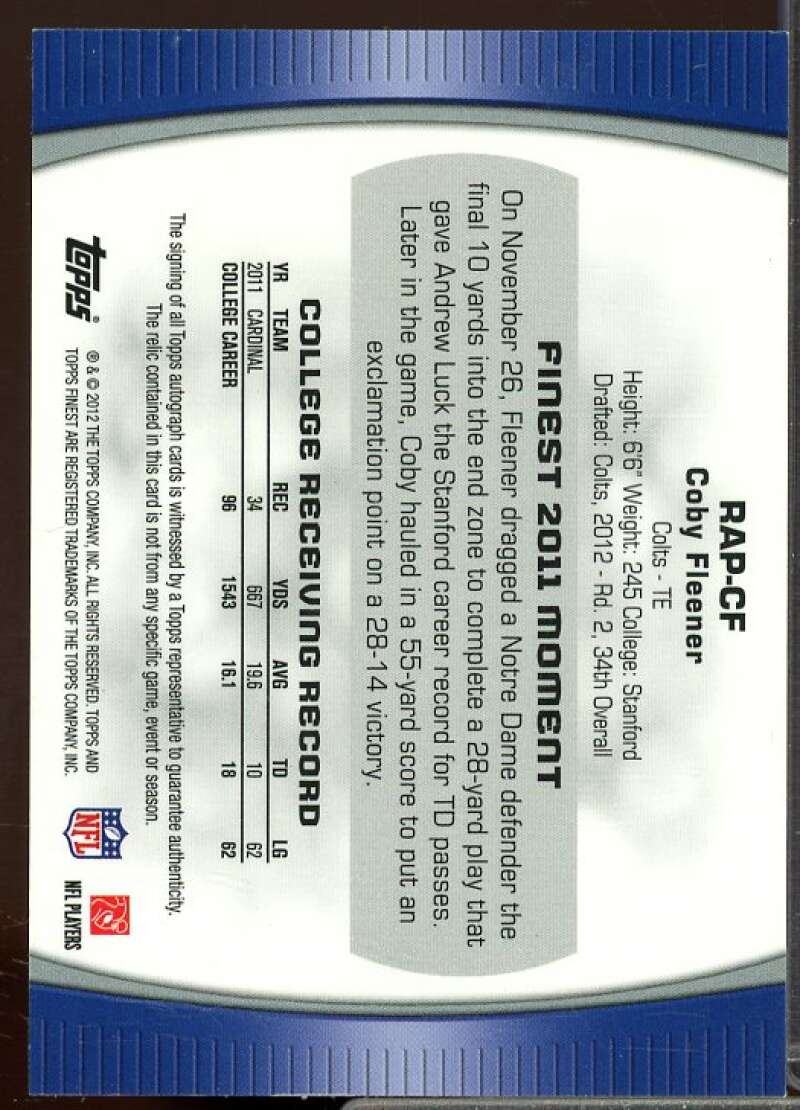 Coby Fleener/1353 Rookie 2012 Finest Rookie Patch Autographs Refractors #RAPCF  Image 2