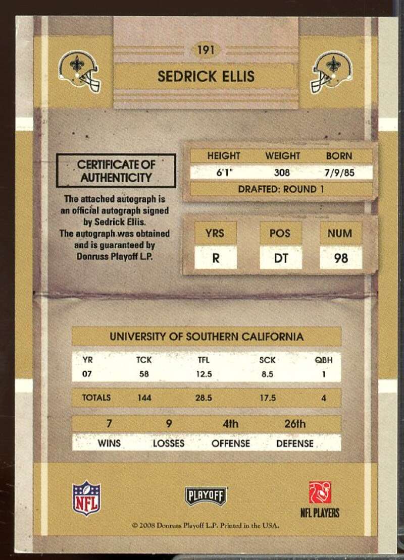 Sedrick Ellis AU Rookie Card 2008 Playoff Contenders Rookie Auto #191  Image 2