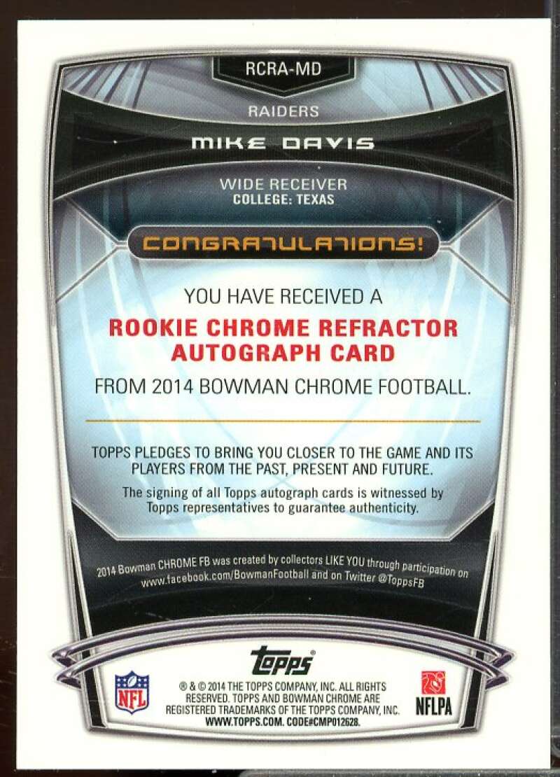 Mike Davis Rookie 2014 Bowman Chrome Rookie Autographs Blue Refractors #RCRAMD  Image 2