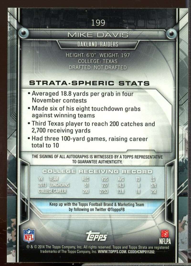 Mike Davis Rookie Card 2014 Topps Strata Autographs Topaz #199  Image 2