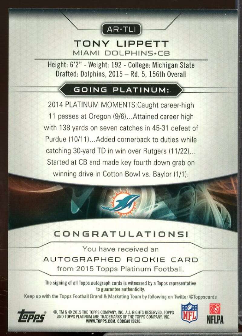 Tony Lippett Rookie Card 2015 Topps Platinum Autographs Gold Refractors #ARTLI  Image 2