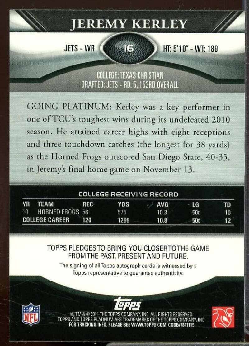 Jeremy Kerley Rookie 2011 Topps Platinum Rookie Autographs Green Refractors #16  Image 2