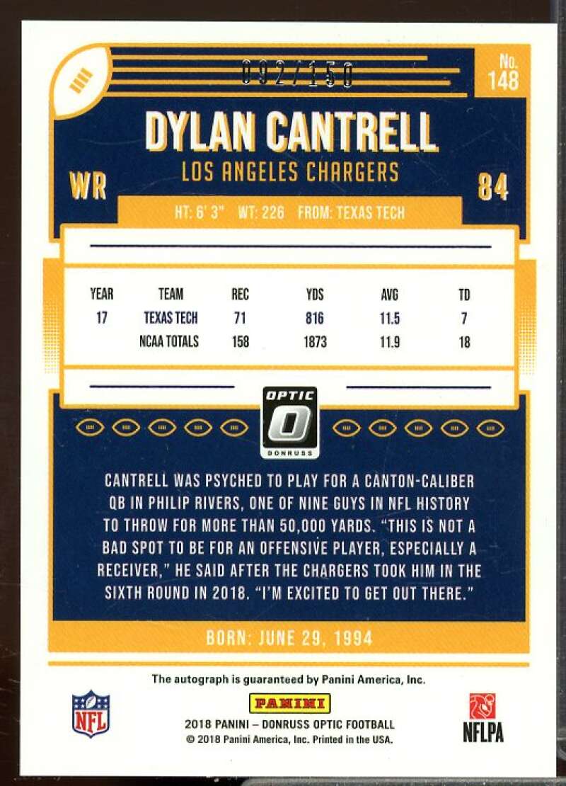 Dylan Cantrell/150 Rookie Card 2018 Donruss Optic Rookie Autographs #148  Image 2