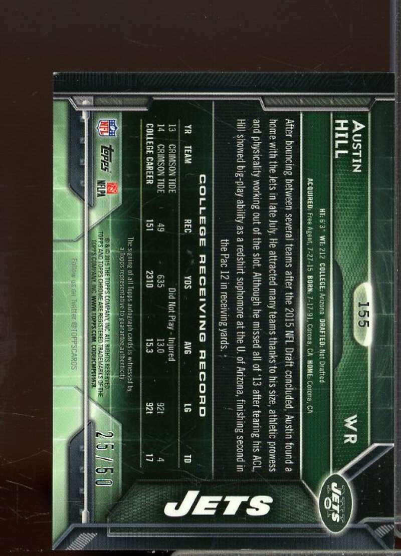 Austin Hill Rookie 2015 Topps Chrome Mini Rookie Autograph Pink Refractors #155  Image 2