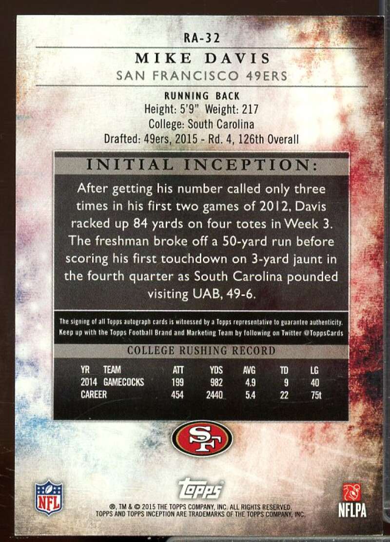 Mike Davis AU Rookie Card 2015 Topps Inception Rookie Auto #RA32  Image 2