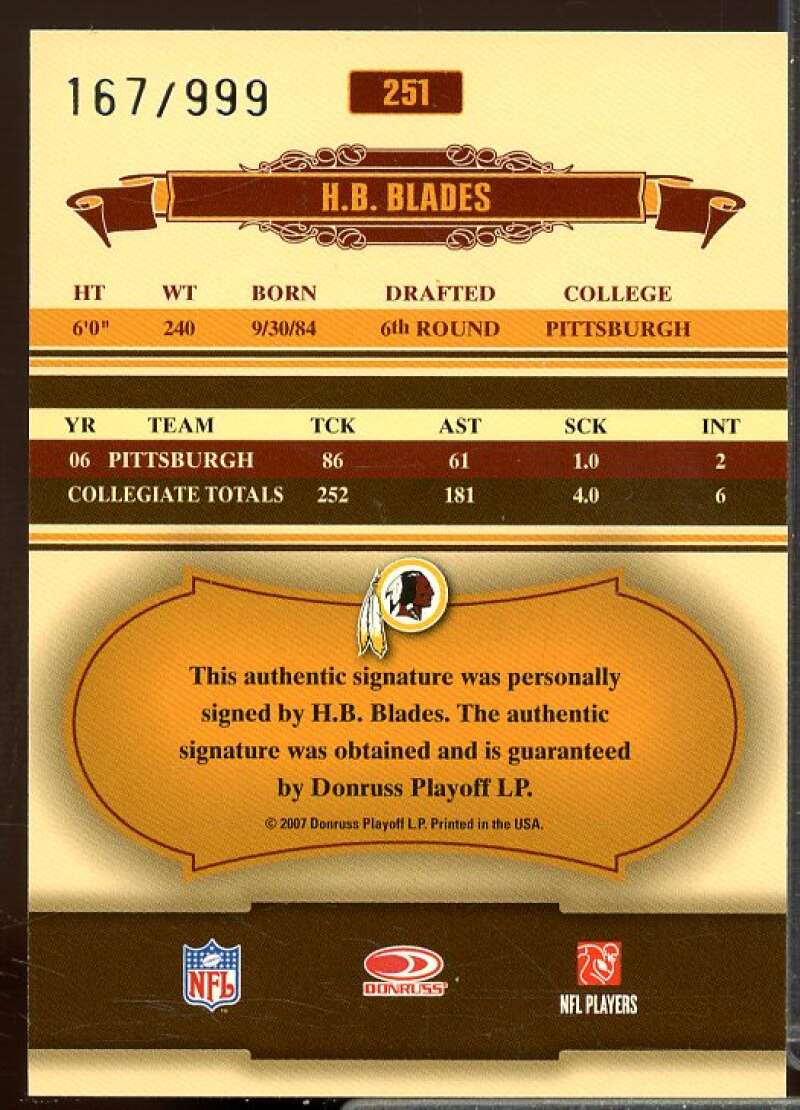H.B. Blades AU/999 Rookie Card 2007 Donruss Classics Rookie #251  Image 2
