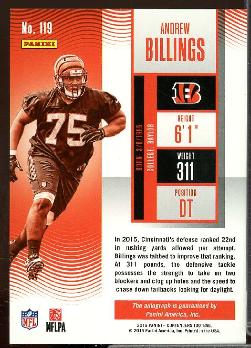 Andrew Billings AU/99 Rookie 2016 Panini Contenders Playoff Ticket Rookie #119  Image 2