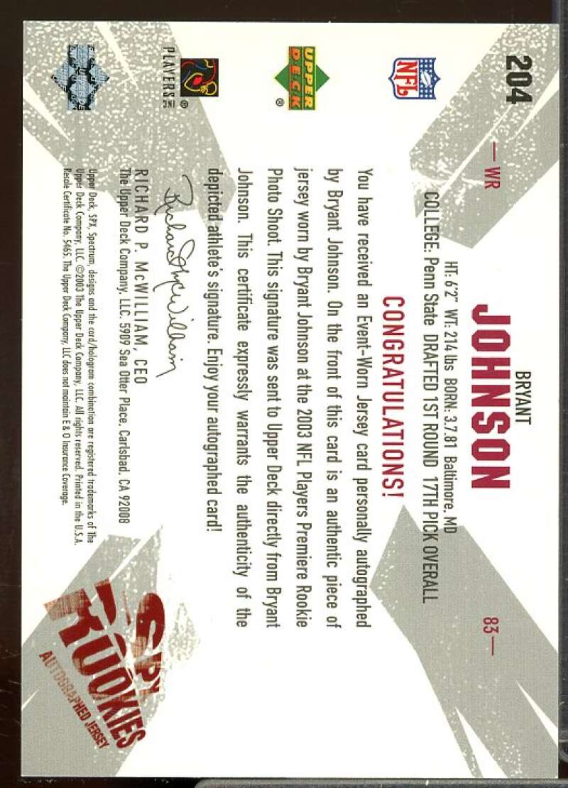 Bryant Johnson JSY AU Rookie Card 2003 SPx Rookie #204  Image 2