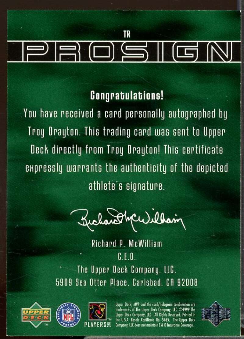 Troy Drayton Rookie Card 1999 Upper Deck MVP ProSign Auto #TR  Image 2
