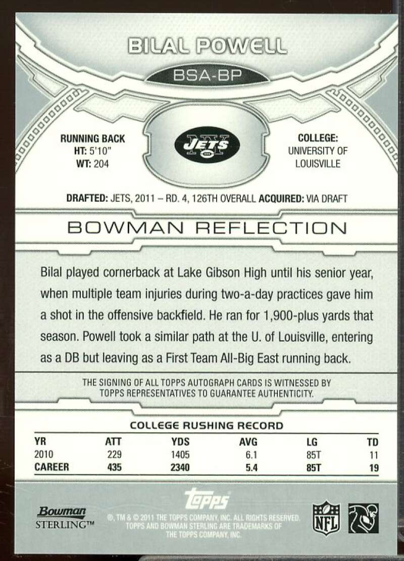 Bilal Powell AUTO Rookie Card 2011 Bowman Sterling Rookie #BSABP  Image 2