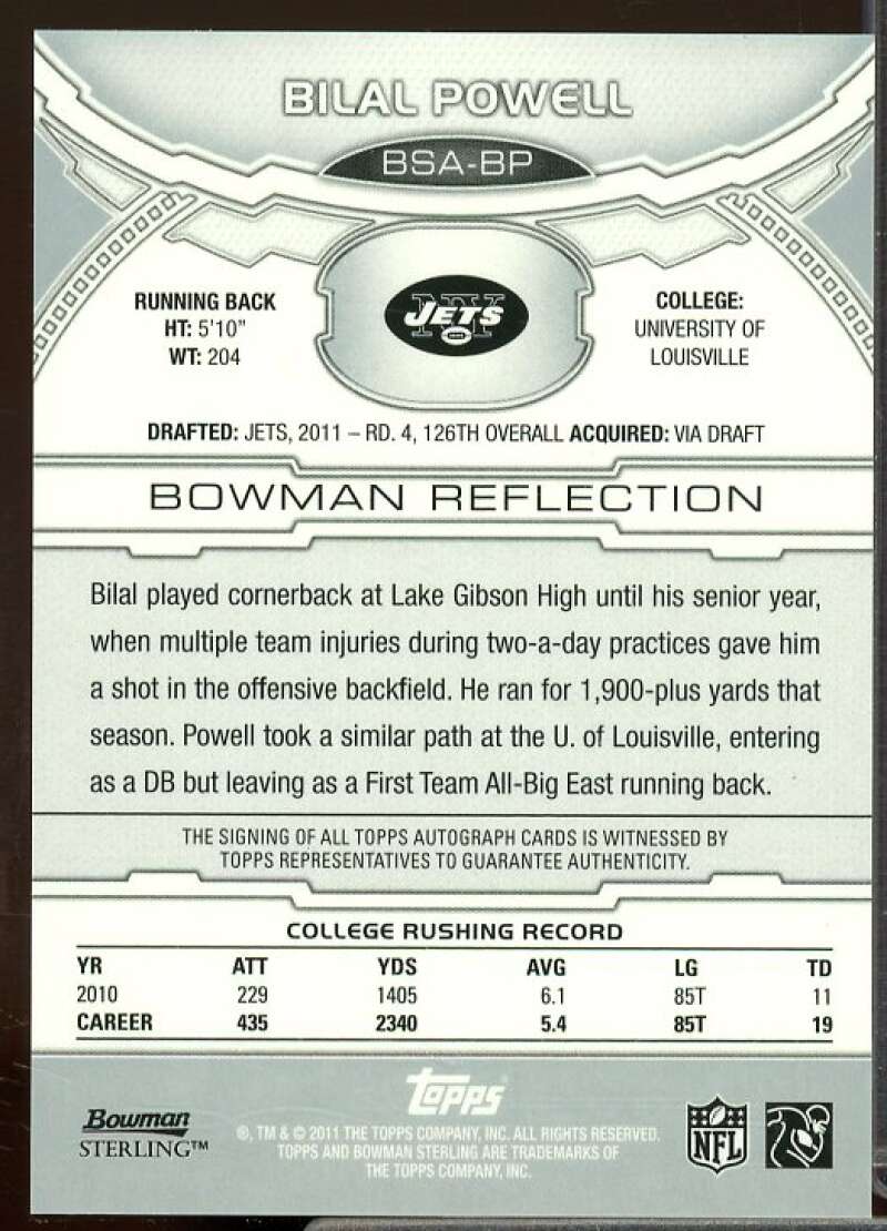 Bilal Powell AUTO Rookie Card 2011 Bowman Sterling Rookie #BSABP  Image 2