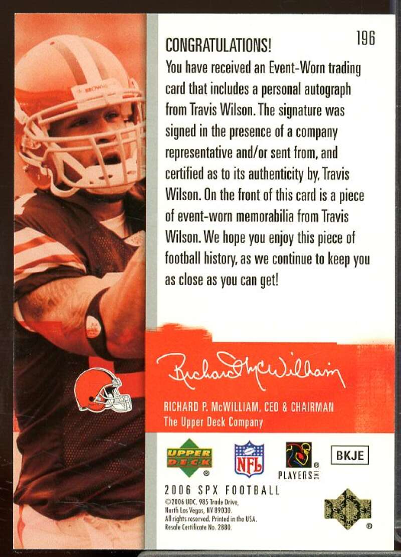 Travis Wilson JSY AU Rookie Card 2006 SPx Rookie #196  Image 2