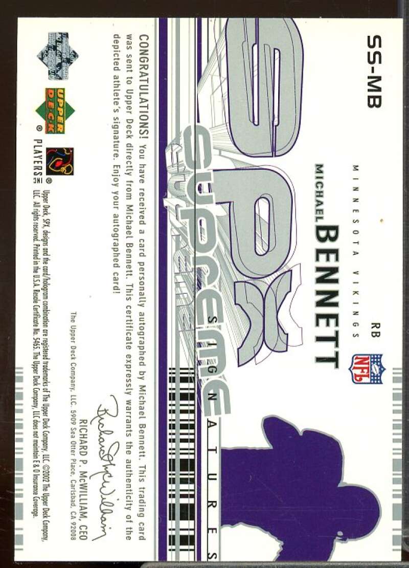 Michael Bennett Rookie Card 2002 SPx Supreme Signatures #SSBE  Image 2
