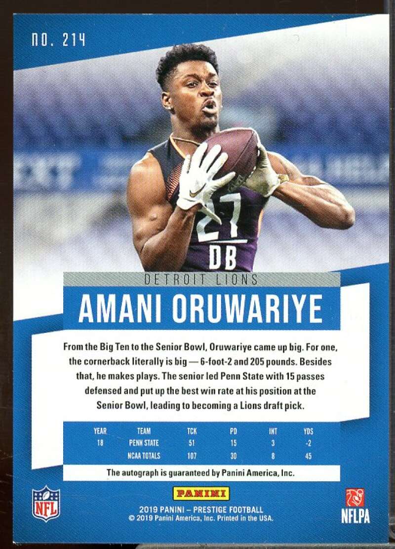 Amani Oruwariye Rookie Card 2019 Prestige Xtra Points Rookie Signatures #214  Image 2