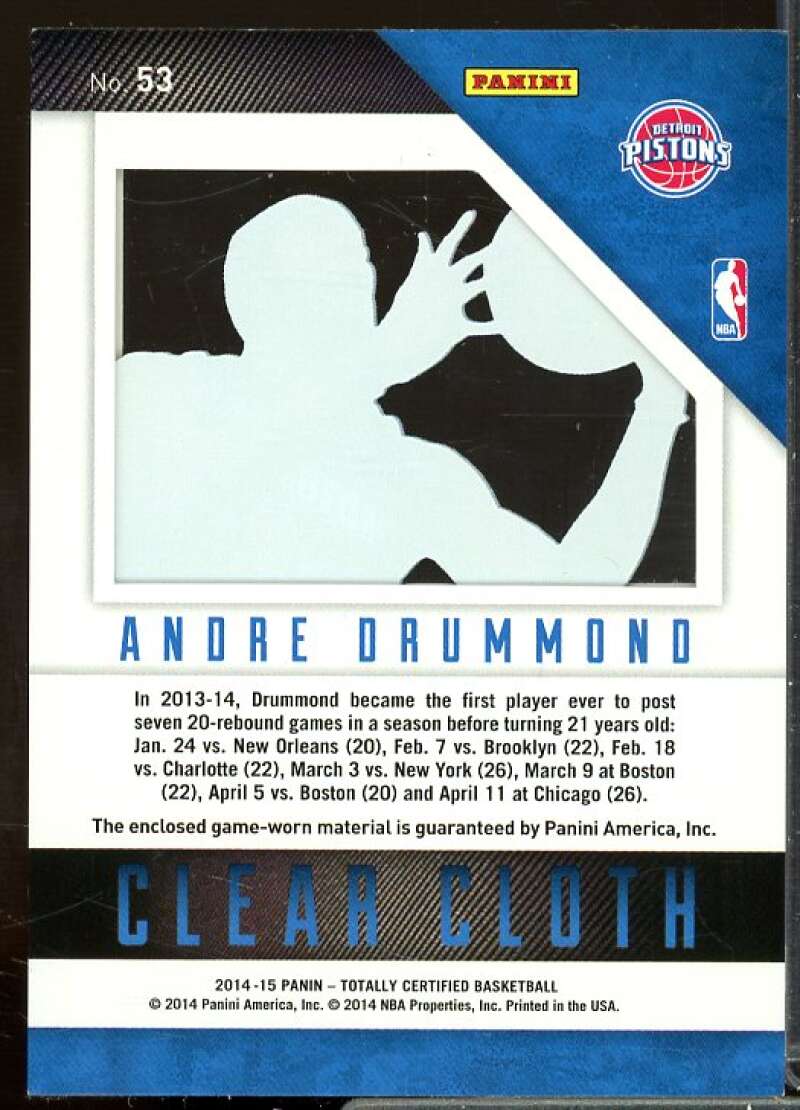 Andre Drummond/199 Card 2014-15 Totally Certified Clear Cloth Jerseys Blue #53  Image 2