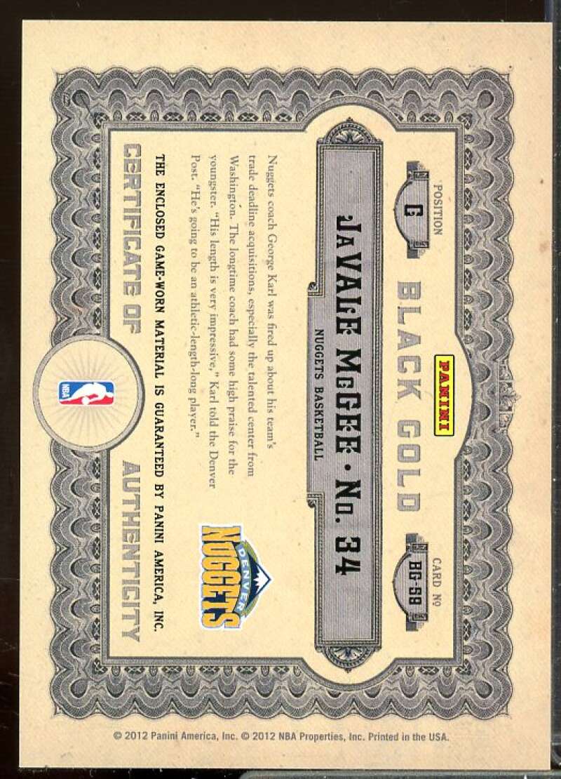JaVale McGee/149 Card 2011-12 Panini Gold Standard Black Gold Threads #BG59  Image 2