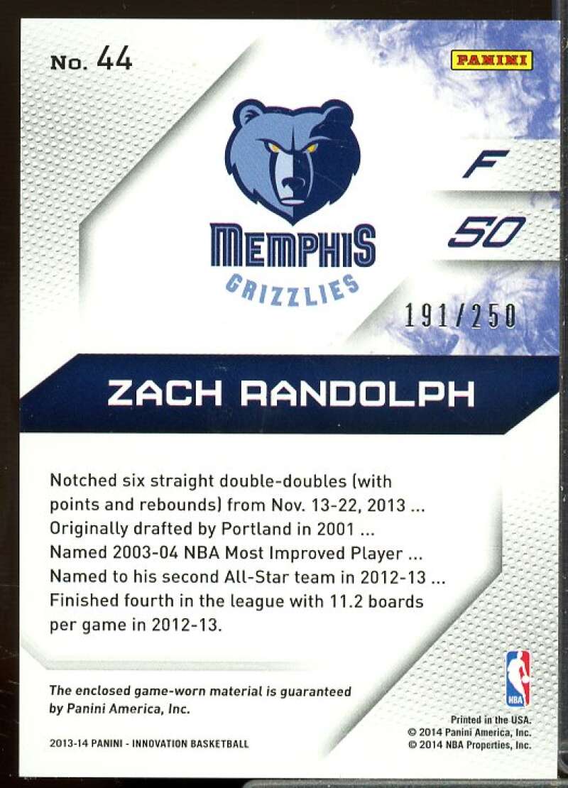 Zach Randolph/250 Card 2013-14 Innovation Memorable Memorabilia #44  Image 2