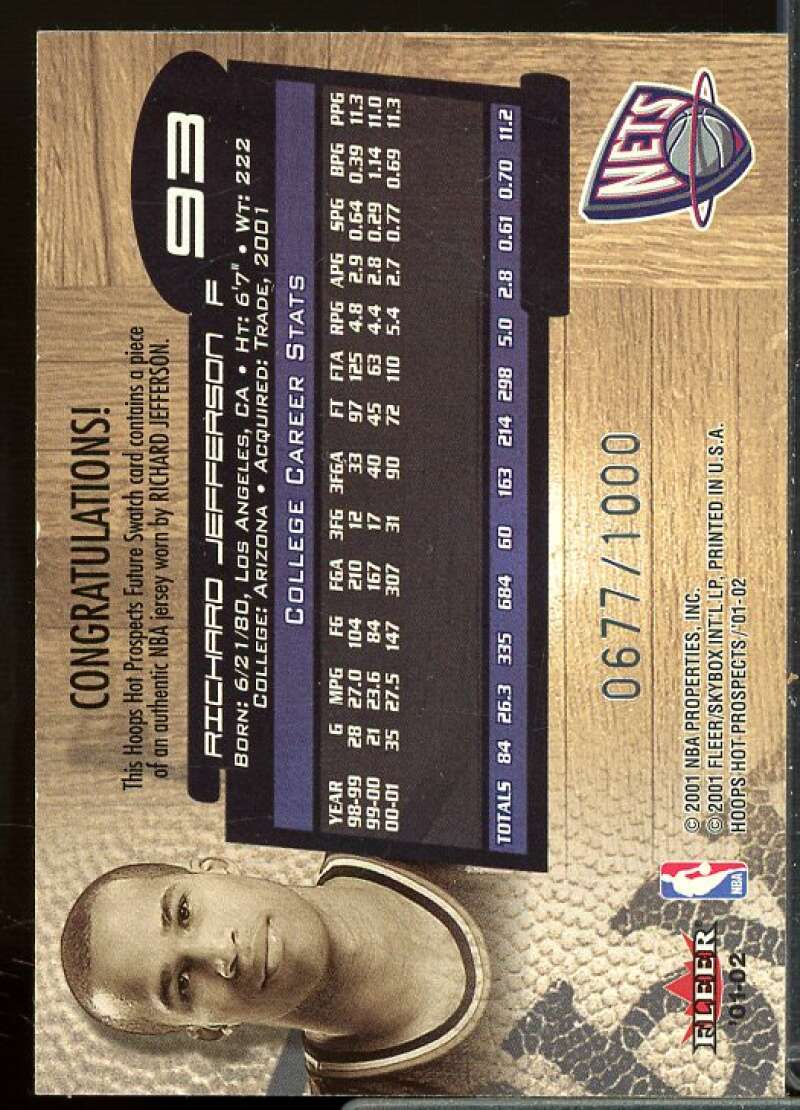 Richard Jefferson JSY Rookie Card 2001-02 Hoops Hot Prospects Rookie #93  Image 2