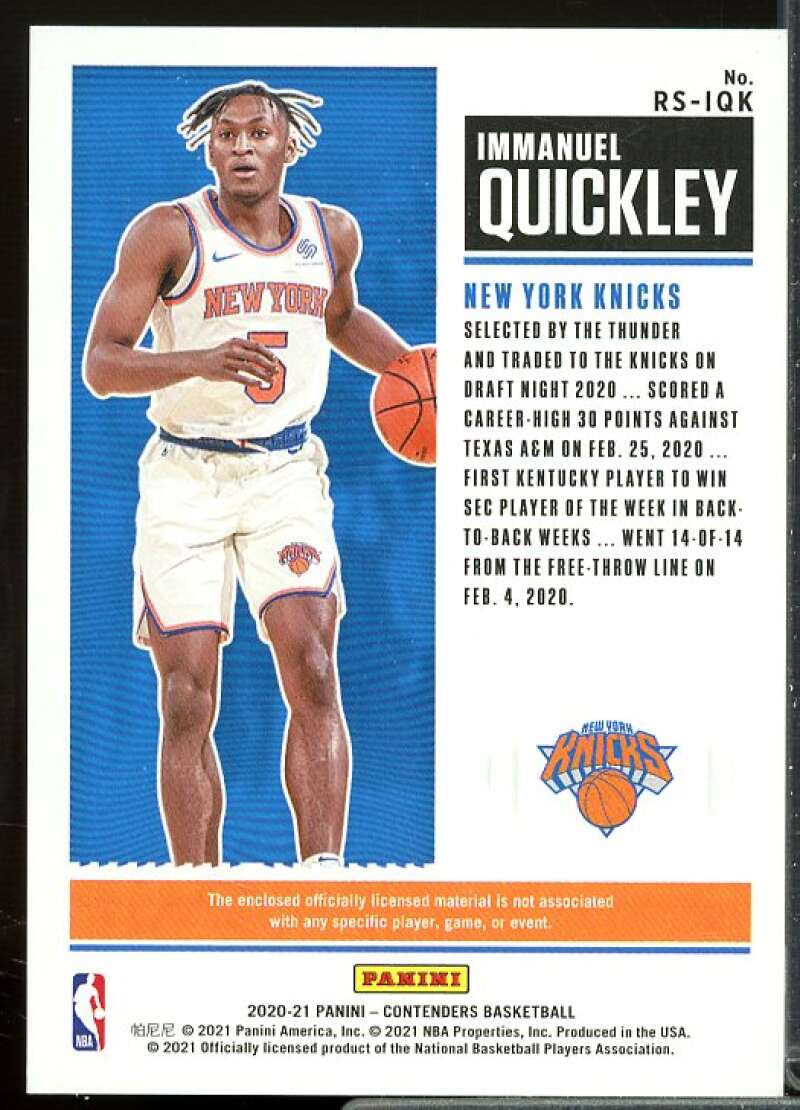 Immanuel Quickley Rookie 2020-21 Panini Contenders Rookie Ticket Swatches #40  Image 2